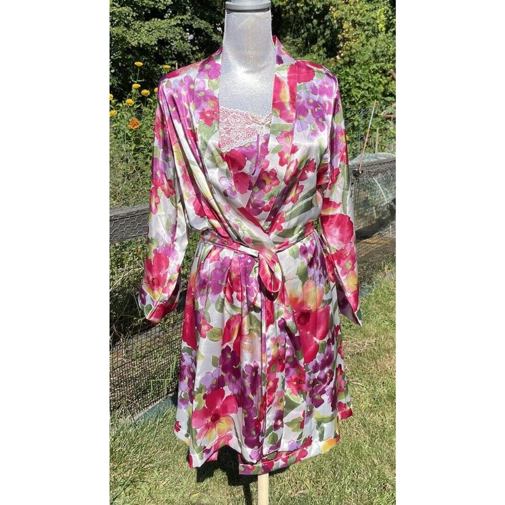 Vintage Morgan Taylor Slip Dress Peignoir Robe Lingerie Set M Pink Floral Satin - Picture 8 of 11